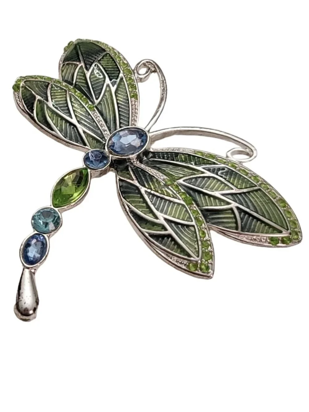 Napier Silver-Tone Green Blue Rhinestone Enamel Dragonfly Brooch Pin Signed E913